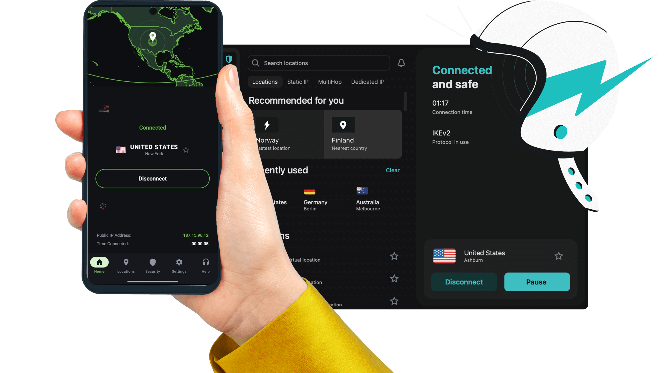 Hand holding smartphone with Paben VPN app active