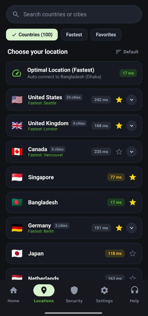 Paben VPN 100+ Countries and Locations List Screen